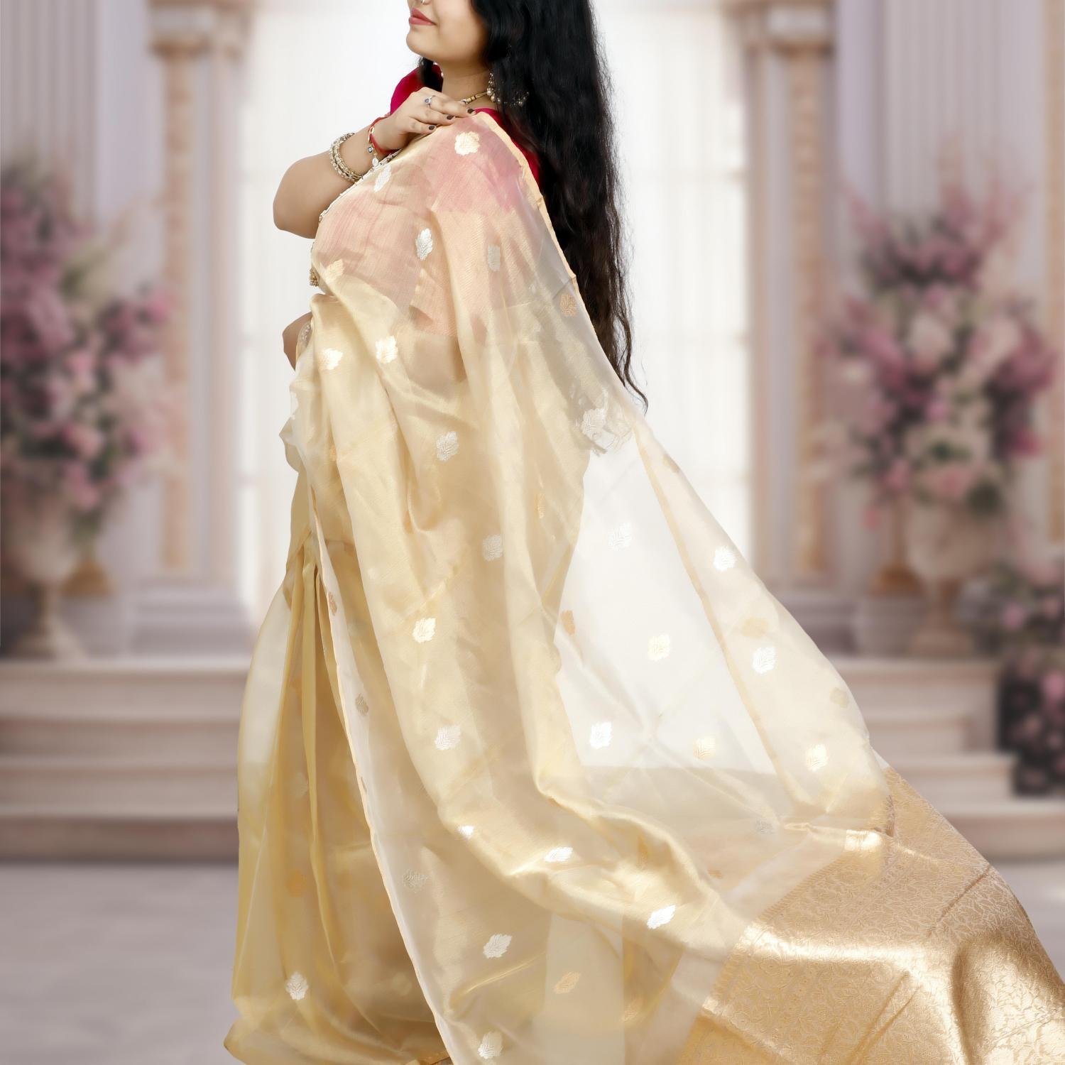 Handwoven Gold Banarasi Kora Tissue Saree with Kadwa Weaving
