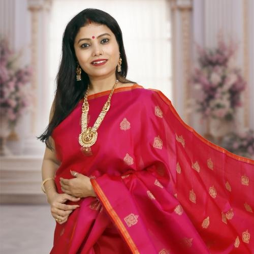 Pure Silk Fushcia Kanchipuram Saree with Real Gold/Silver Zari – Orange Border & Pallu