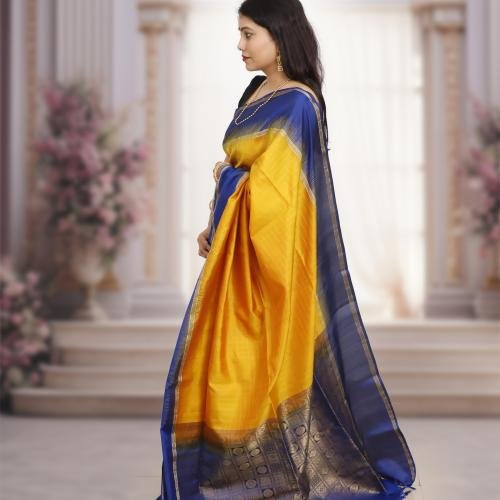 Handwoven Kanchipuram Silk Saree – Yellow Base with Dark Blue Border & Golden Zari