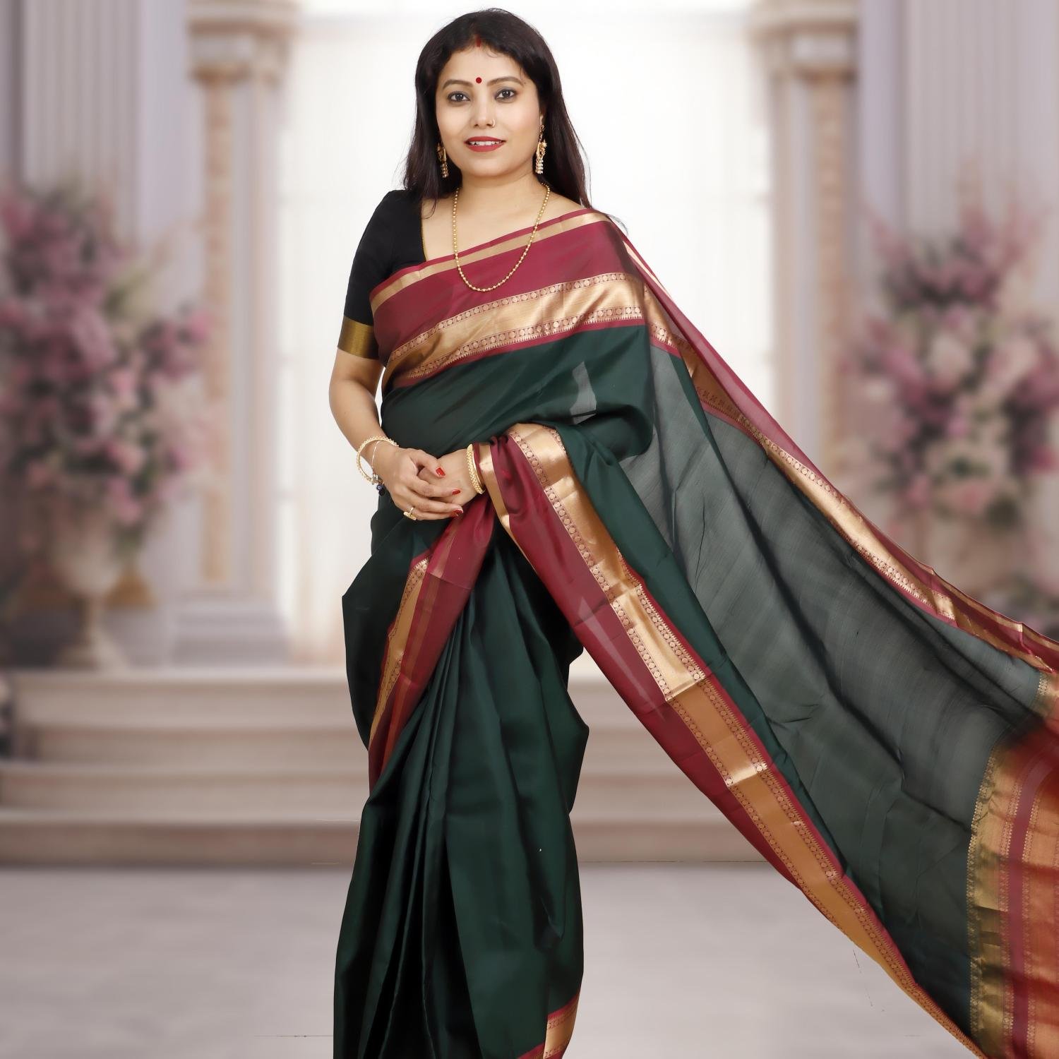 Handwoven Dark Green&Maroon Kanchipuram Silk Saree with Gold Zari Border