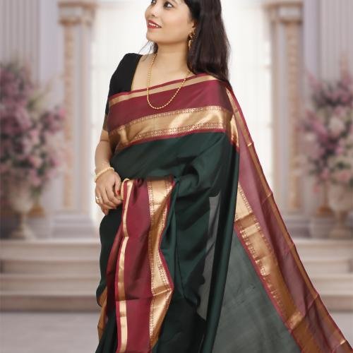 Handwoven Dark Green&Maroon Kanchipuram Silk Saree with Gold Zari Border