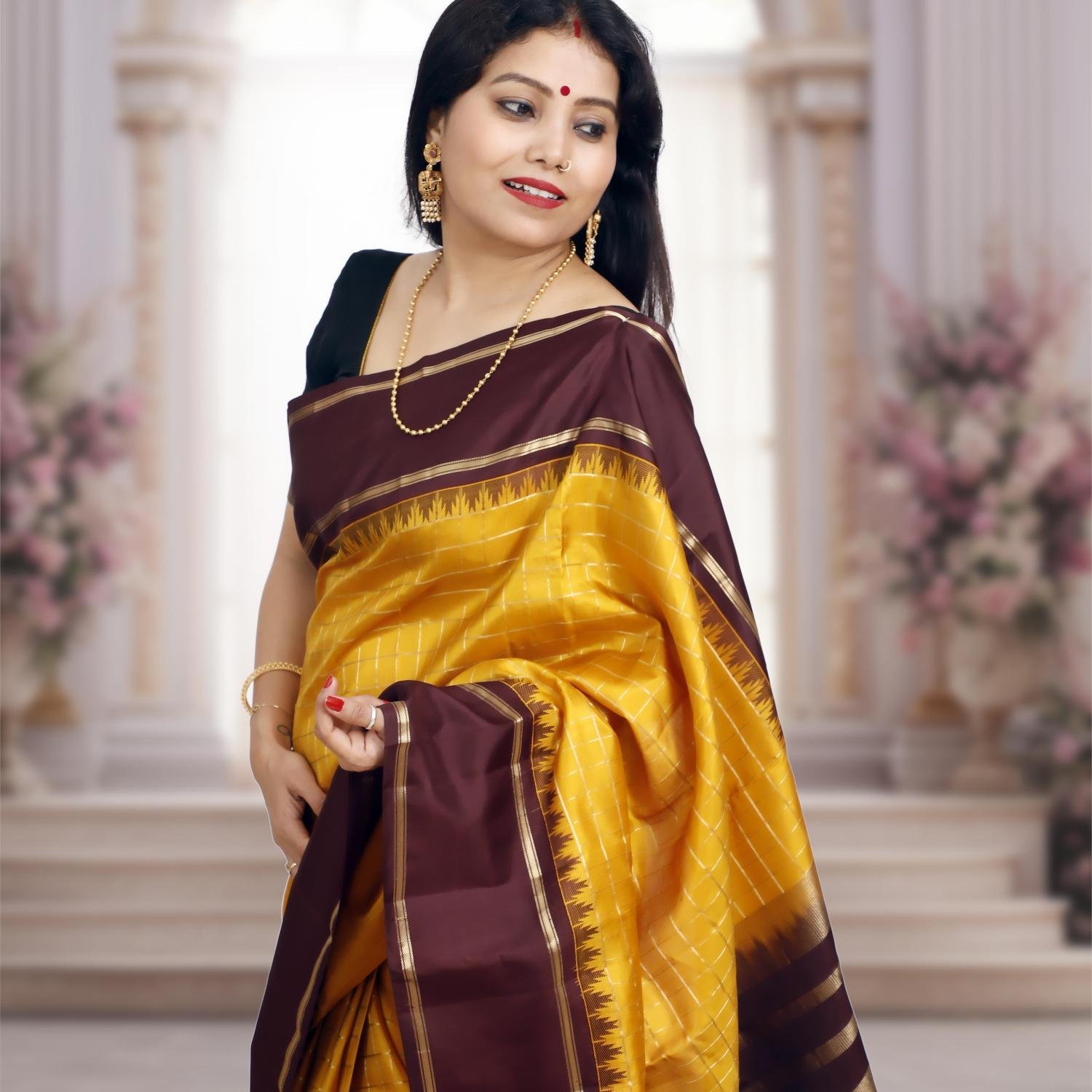 Handwoven Kanchipuram Silk Saree – Mustard Yellow with Dark Brown Border