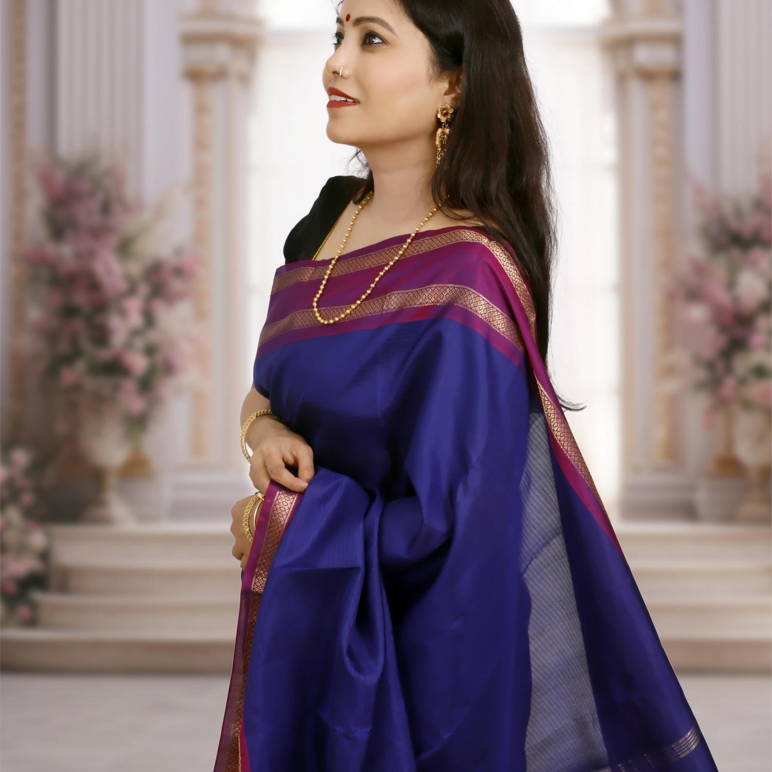 Handwoven Kanchipuram Silk Saree – Dark Blue with Purple Border