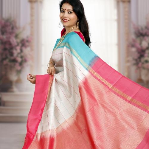Handwoven Kanchipuram Silk Saree – White with Light Blue & Pink Checks