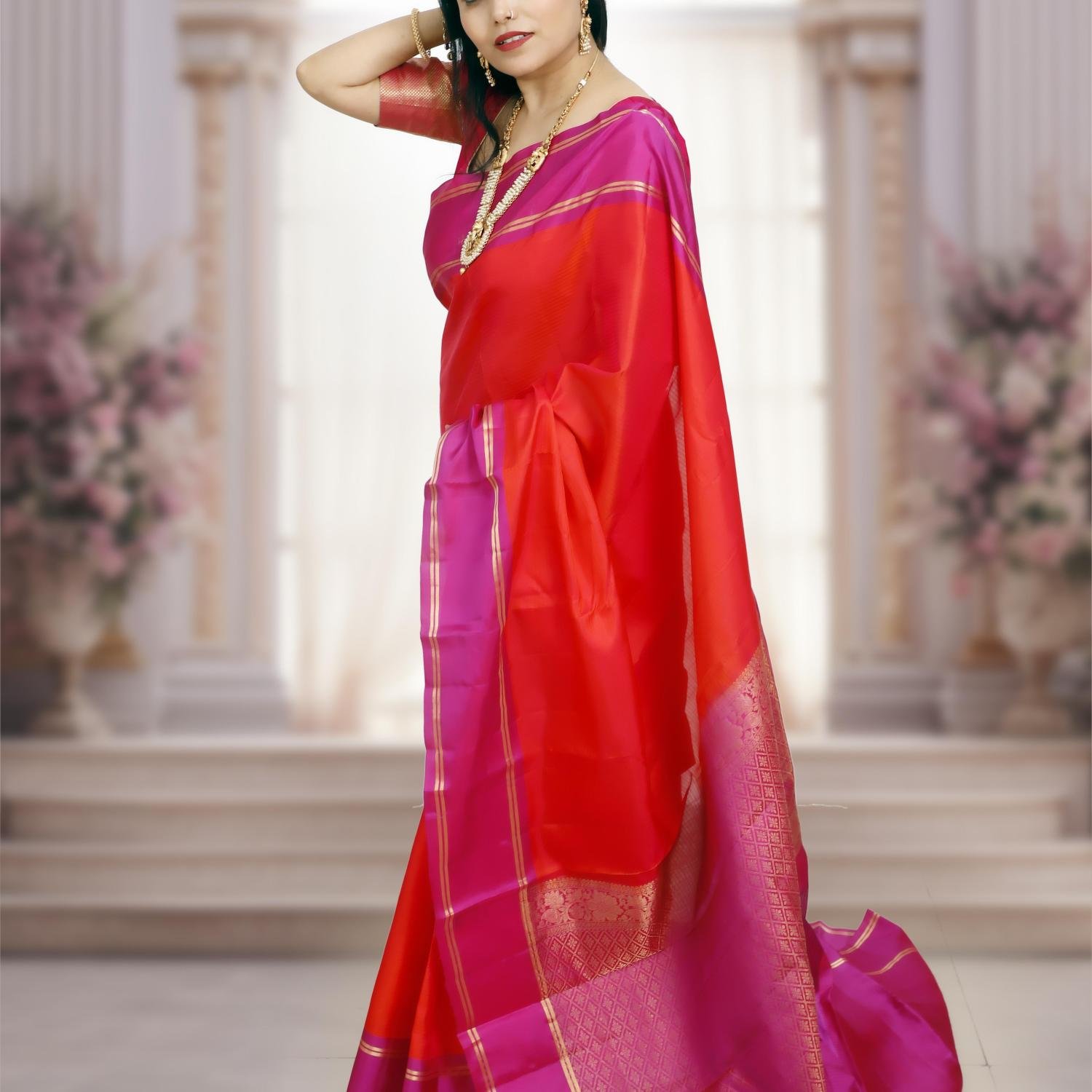 Handwoven Kanchipuram Silk Saree – Red Base with Rani Pink Border & Golden Zari Work