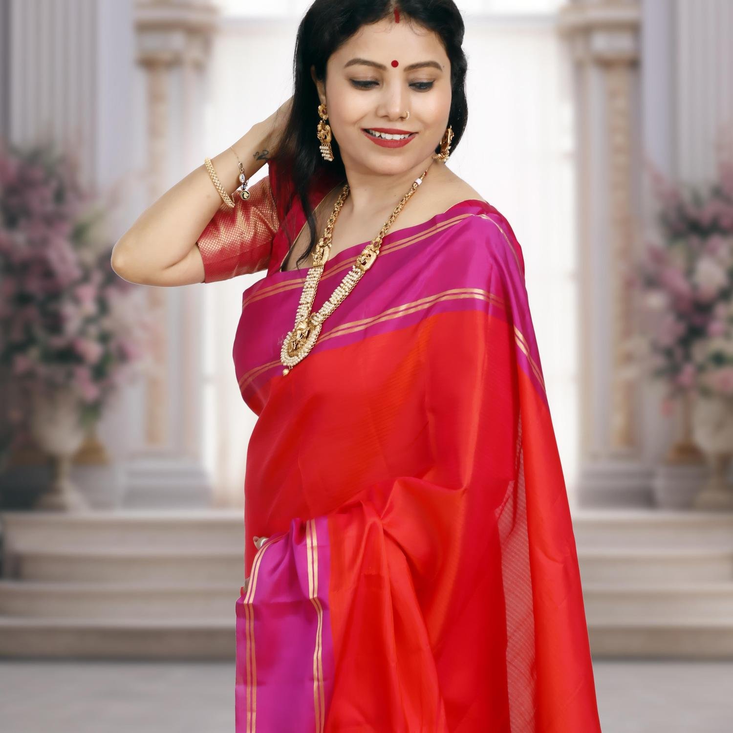 Handwoven Kanchipuram Silk Saree – Red Base with Rani Pink Border & Golden Zari Work