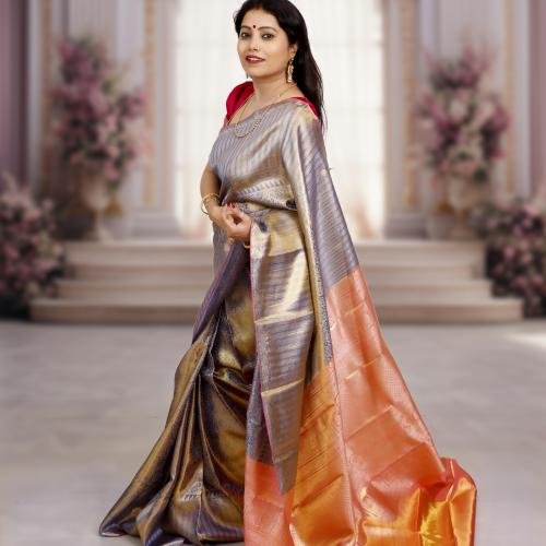 Brocade Pure Kanchipuram Silk Saree – Gold & Silver Dual Tone with Pink Pallu