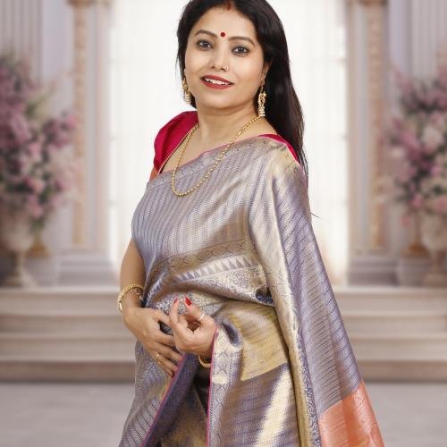 Brocade Pure Kanchipuram Silk Saree – Gold & Silver Dual Tone with Pink Pallu