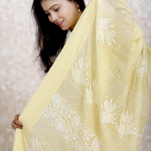Pure Chanderi Silk Chikankari Saree – Yellow with White Thread Work & Embellishments
