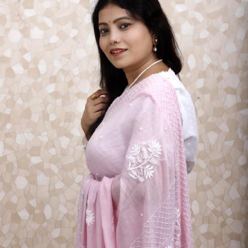 Pure Chanderi Silk Chikankari Saree – Pink with White Thread Work & Embellishments