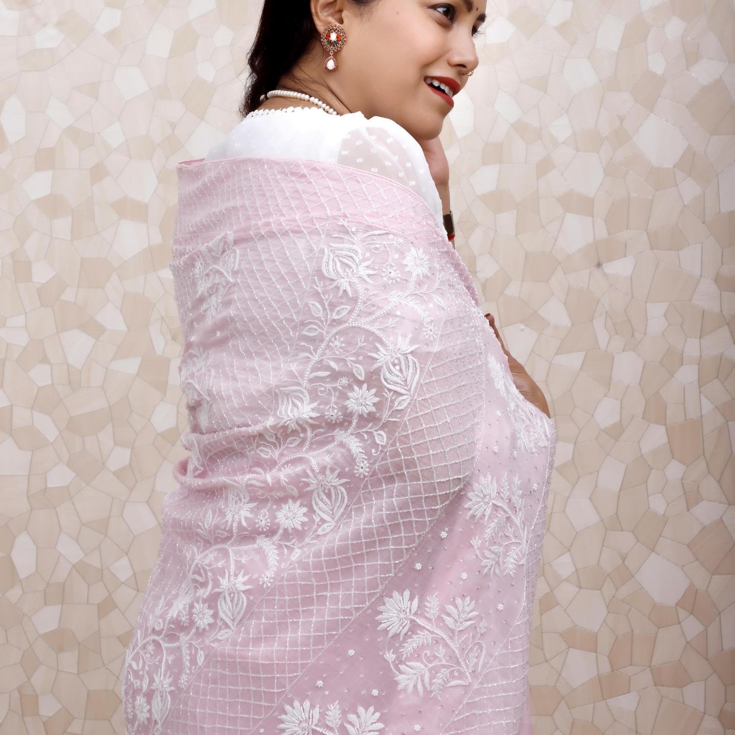 Pure Chanderi Silk Chikankari Saree – Pink with White Thread Work & Embellishments