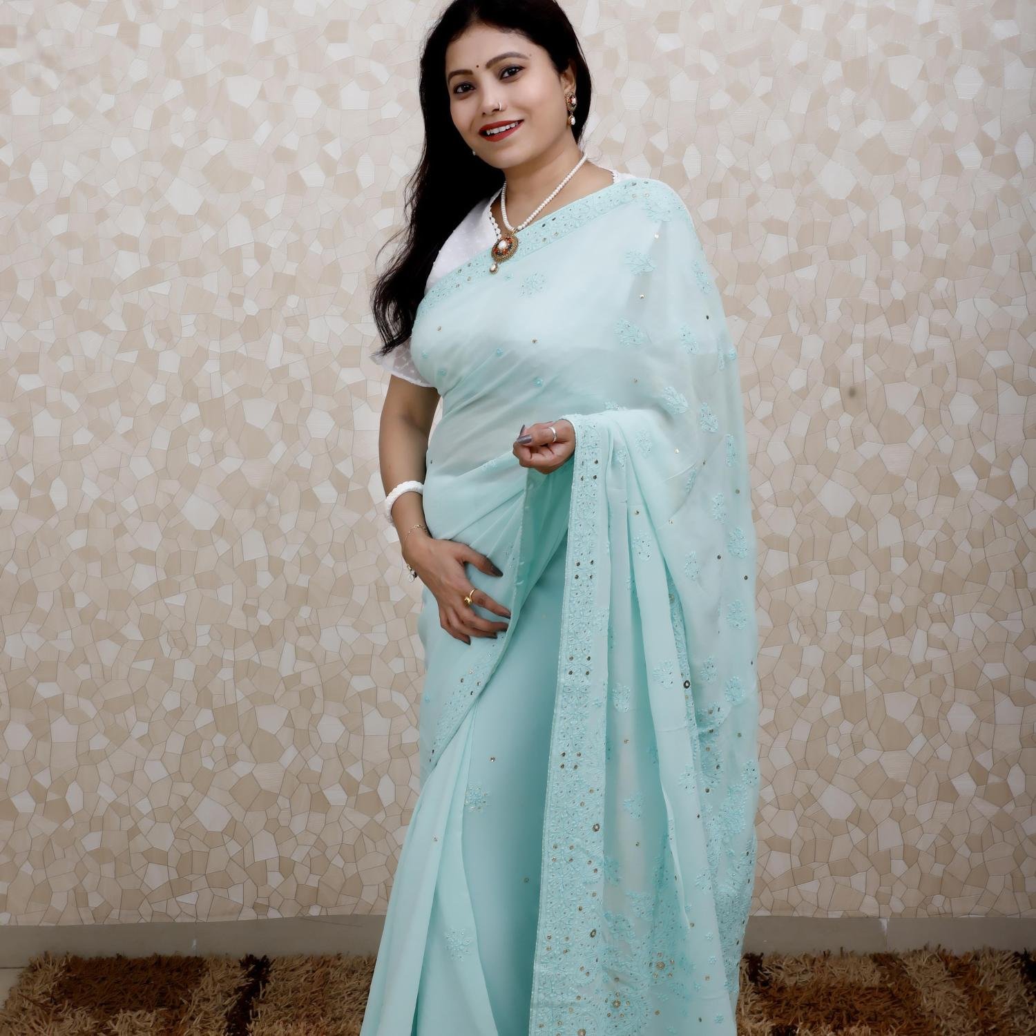 Viscose Georgette Saree with Chikankari & Mukaish Work – Soft Teal with Thread Embroidery