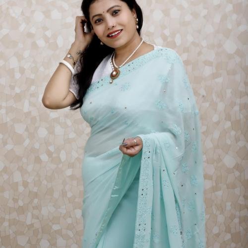 Viscose Georgette Saree with Chikankari & Mukaish Work – Soft Teal with Thread Embroidery