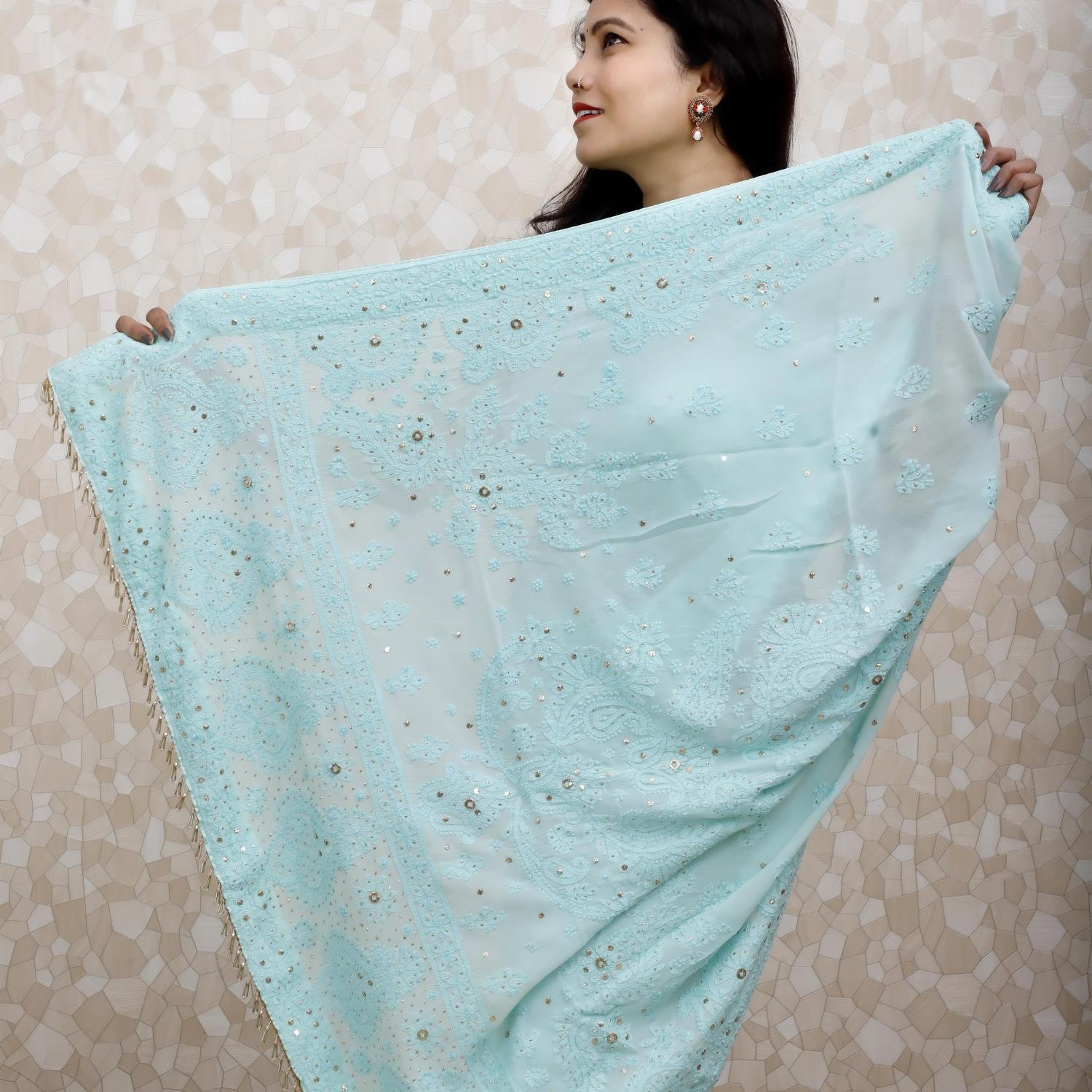 Viscose Georgette Saree with Chikankari & Mukaish Work – Soft Teal with Thread Embroidery