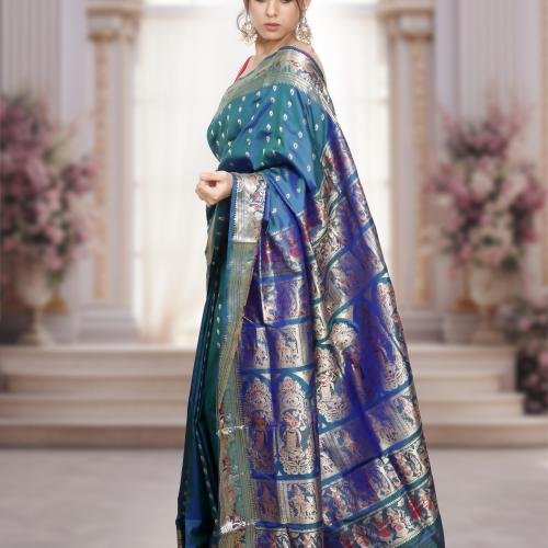Swarnachari Silk Saree with 1000 Buti – Dual Tone Blue & Green