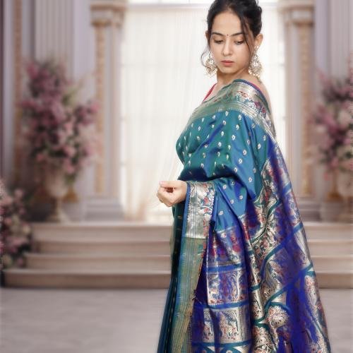 Swarnachari Silk Saree with 1000 Buti – Dual Tone Blue & Green