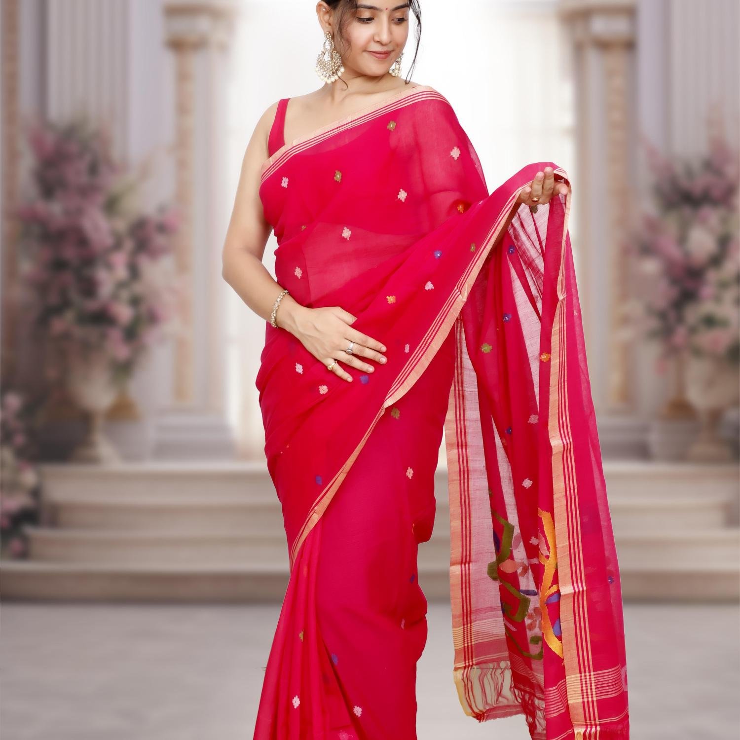 Handwoven Bengal Cotton Phulia Jamdani Saree – Rani Pink