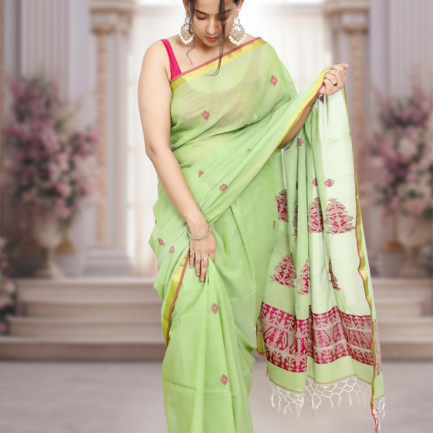 Handwoven Pure Bengal Cotton Saree with Jacquard Pallu – Pista Green
