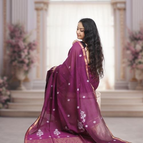 Handwoven Pure Mercerized Cotton Saree with Jacquard Pallu – Jamun
