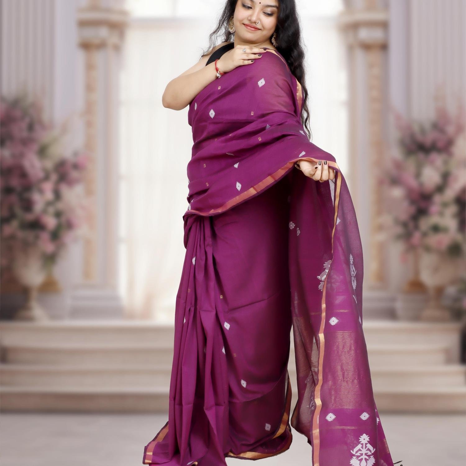 Handwoven Pure Mercerized Cotton Saree with Jacquard Pallu – Jamun