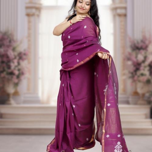 Handwoven Pure Mercerized Cotton Saree with Jacquard Pallu – Jamun