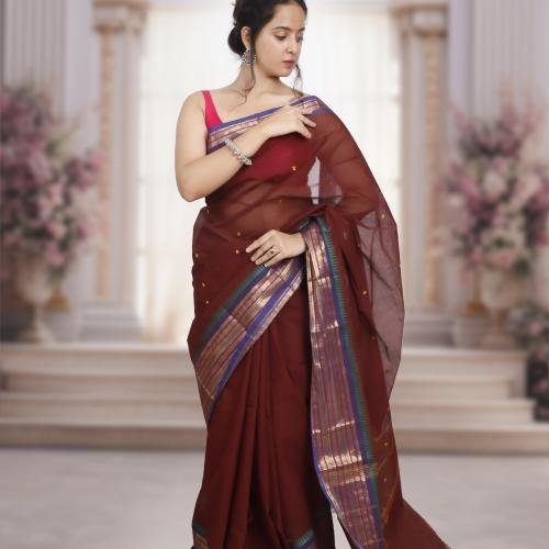 Pure Kanchi Cotton Saree – Burgundy Base &Golden Zari Border