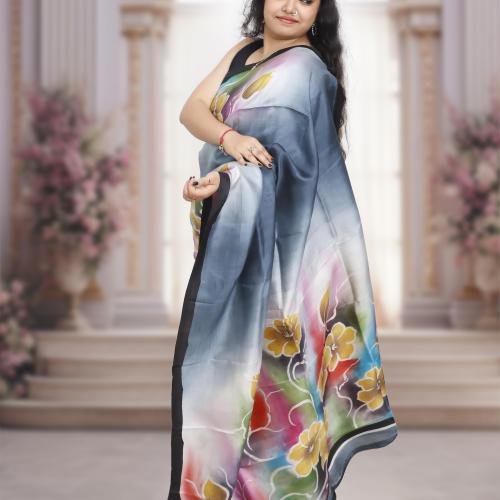 Pure Murshidabad Silk Handloom Saree with Hand-Painted Design – Grey Base