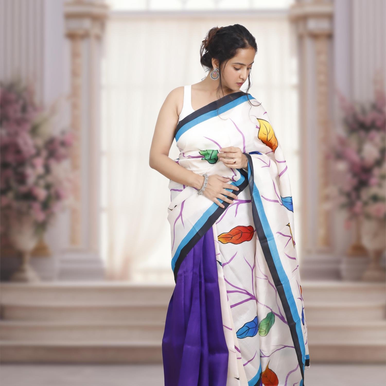 Pure Murshidabad Silk Handloom Saree with Hand-Painted Design – White & Purple Base