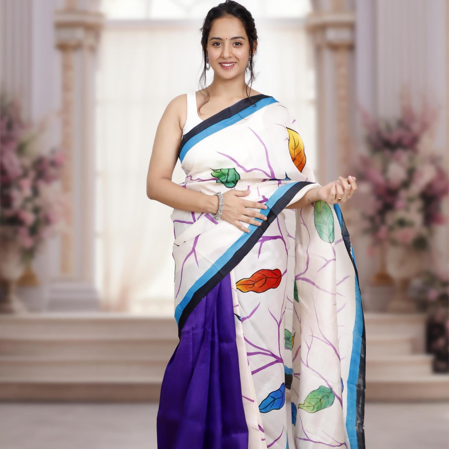 Pure Murshidabad Silk Handloom Saree with Hand-Painted Design – White & Purple Base