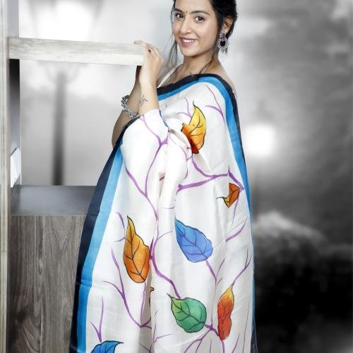 Pure Murshidabad Silk Handloom Saree with Hand-Painted Design – White & Purple Base