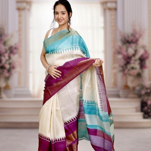Bishnupuri Gachi Tusser Silk Saree with Hand-Block Design – Off white, Teal & Purple