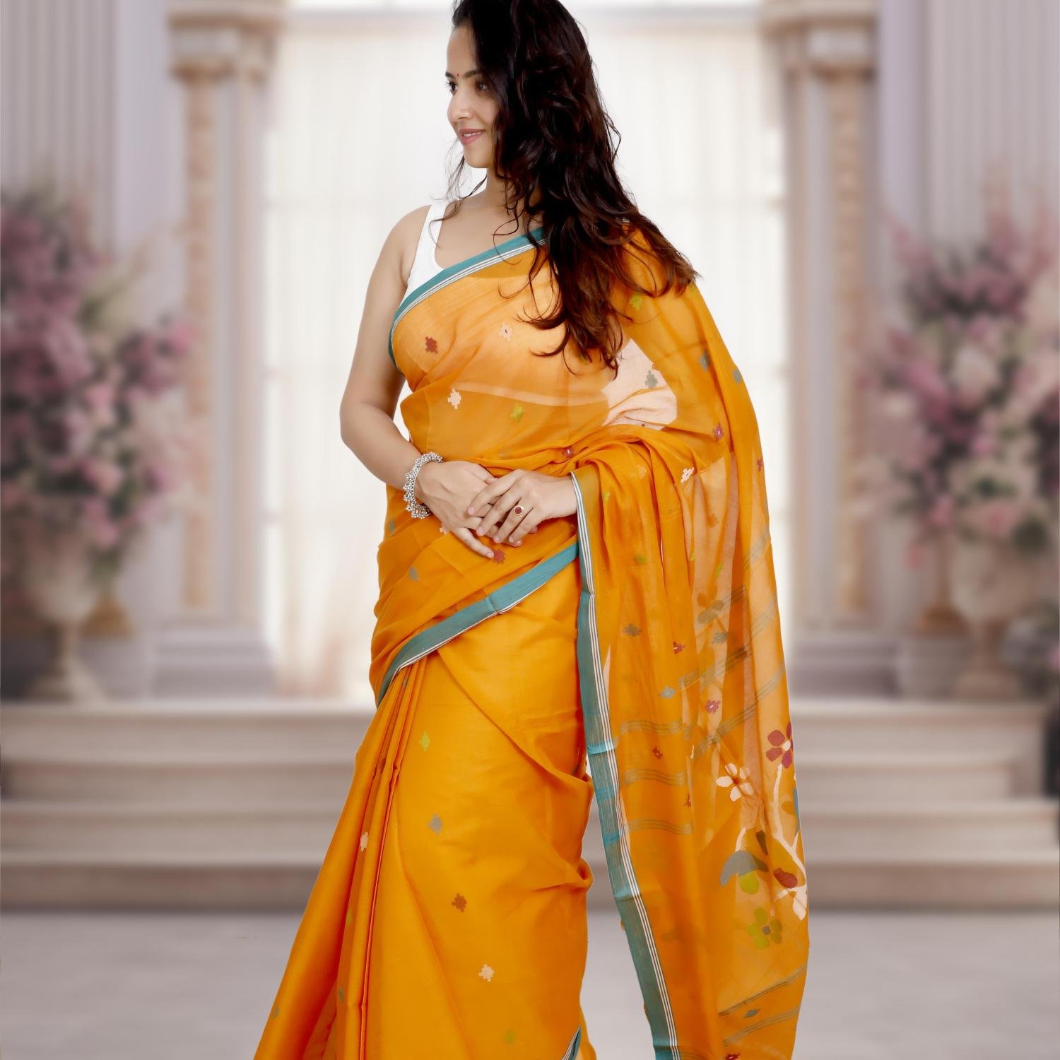 Handwoven Bengal Cotton Phulia Jamdani Saree – Orange