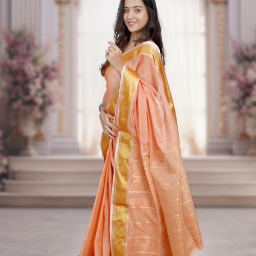 Handwoven Cotton Saree with Gold Zari Border – Peach