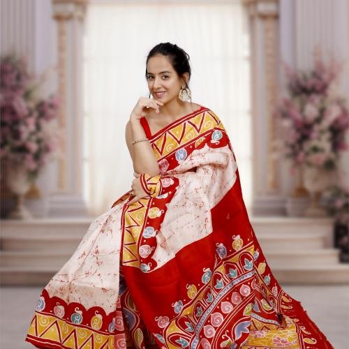 Murshidabad Pure Silk Saree with Hand-Painted Wax Batik – Off white & Red Base