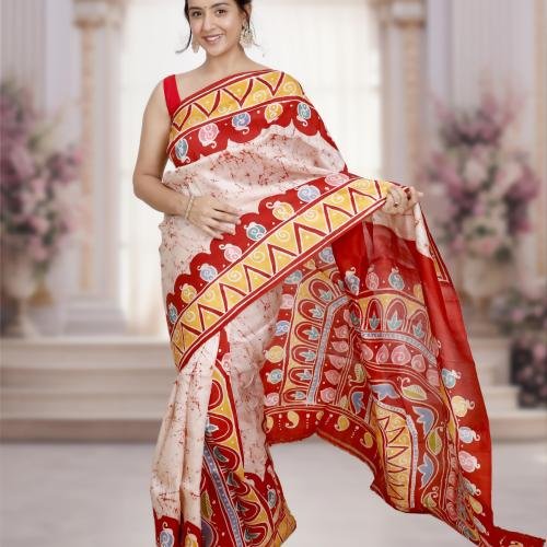 Murshidabad Pure Silk Saree with Hand-Painted Wax Batik – Off white & Red Base