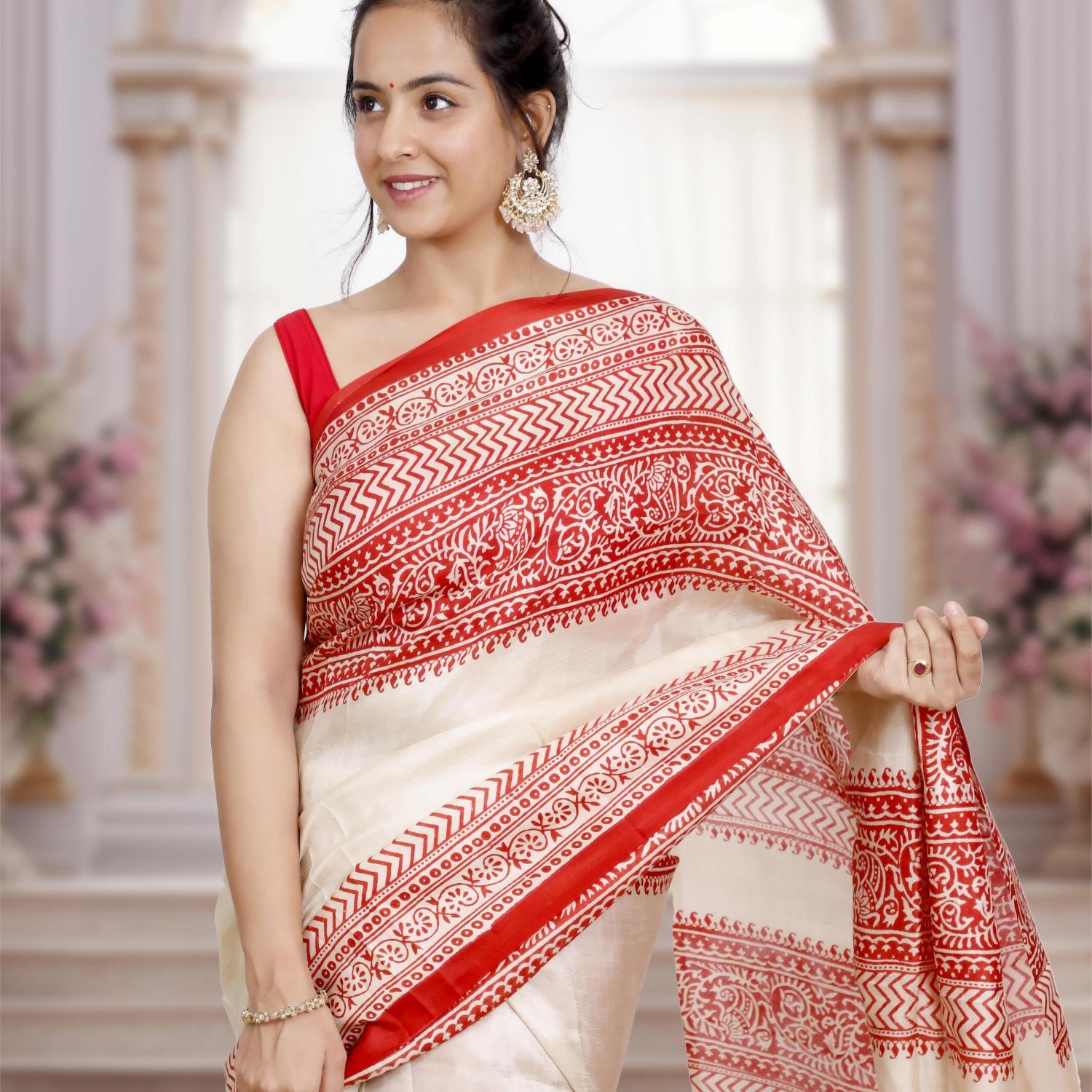Pure Murshidabad Silk Saree with Hand-Block Design– Off white & Red