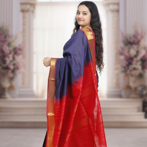 Kanchi Silk Cotton Saree – Dark Blue Body with Red Pallu & Golden Zari Border