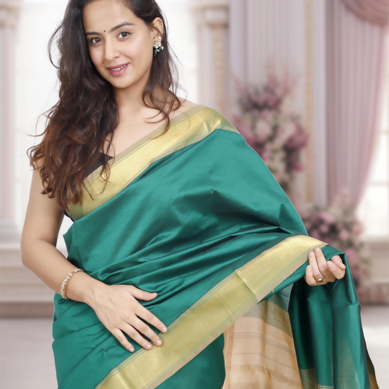 Kanchi Silk Cotton Saree – Dark Green with Beige Pallu & Golden Zari Border