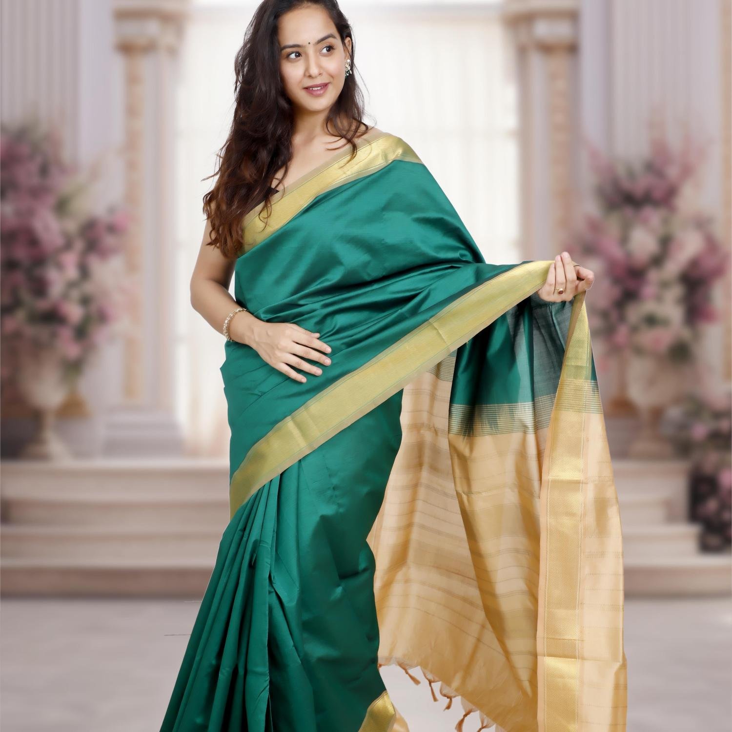Kanchi Silk Cotton Saree – Dark Green with Beige Pallu & Golden Zari Border