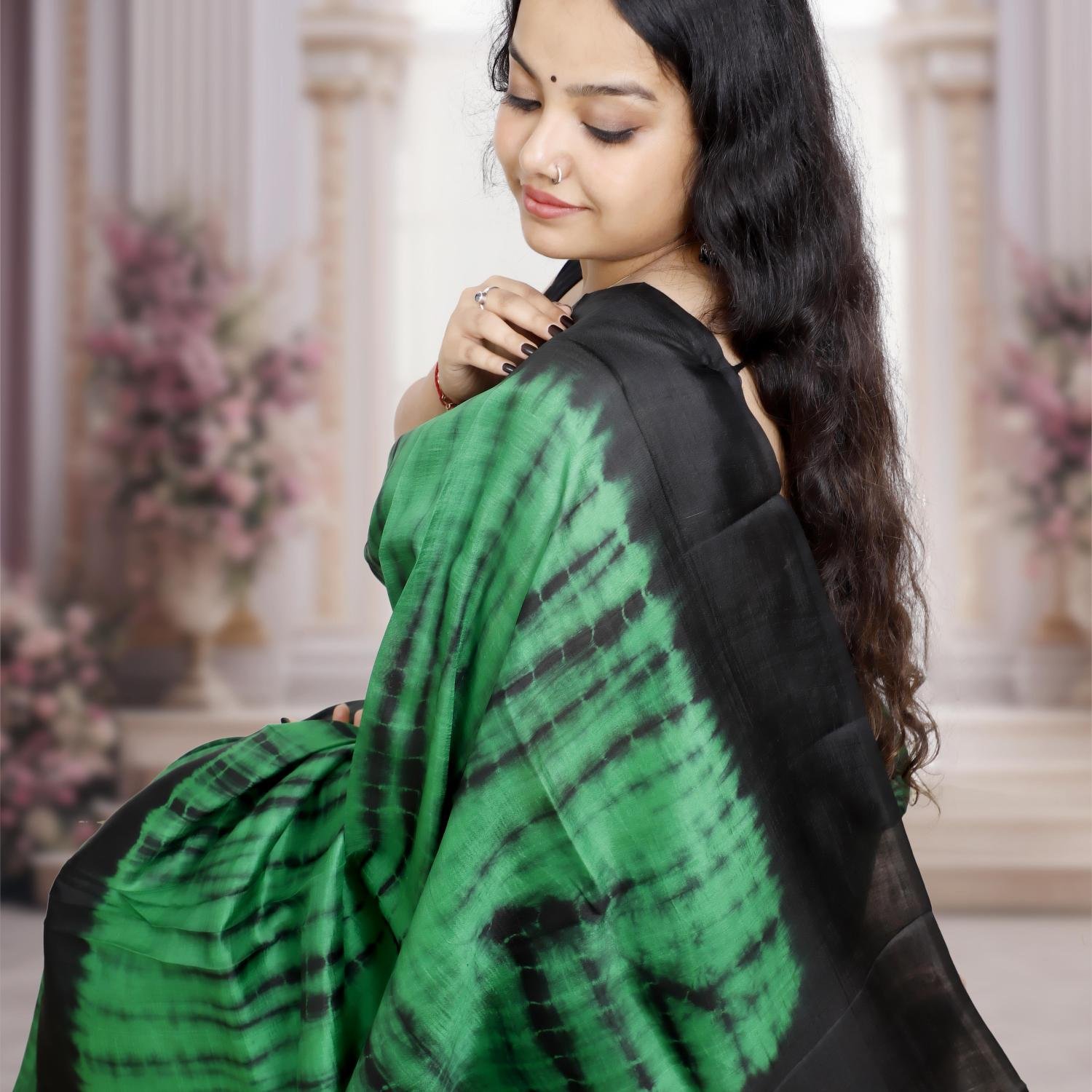 Handwoven Murshidabad Pure Silk Saree with Shrivori Design – Green & Black
