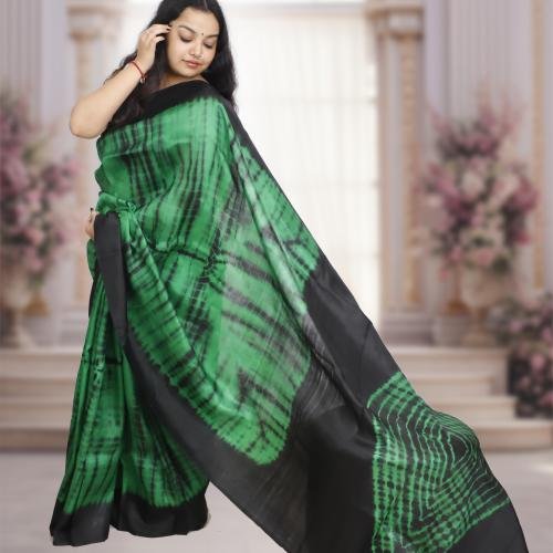 Handwoven Murshidabad Pure Silk Saree with Shrivori Design – Green & Black