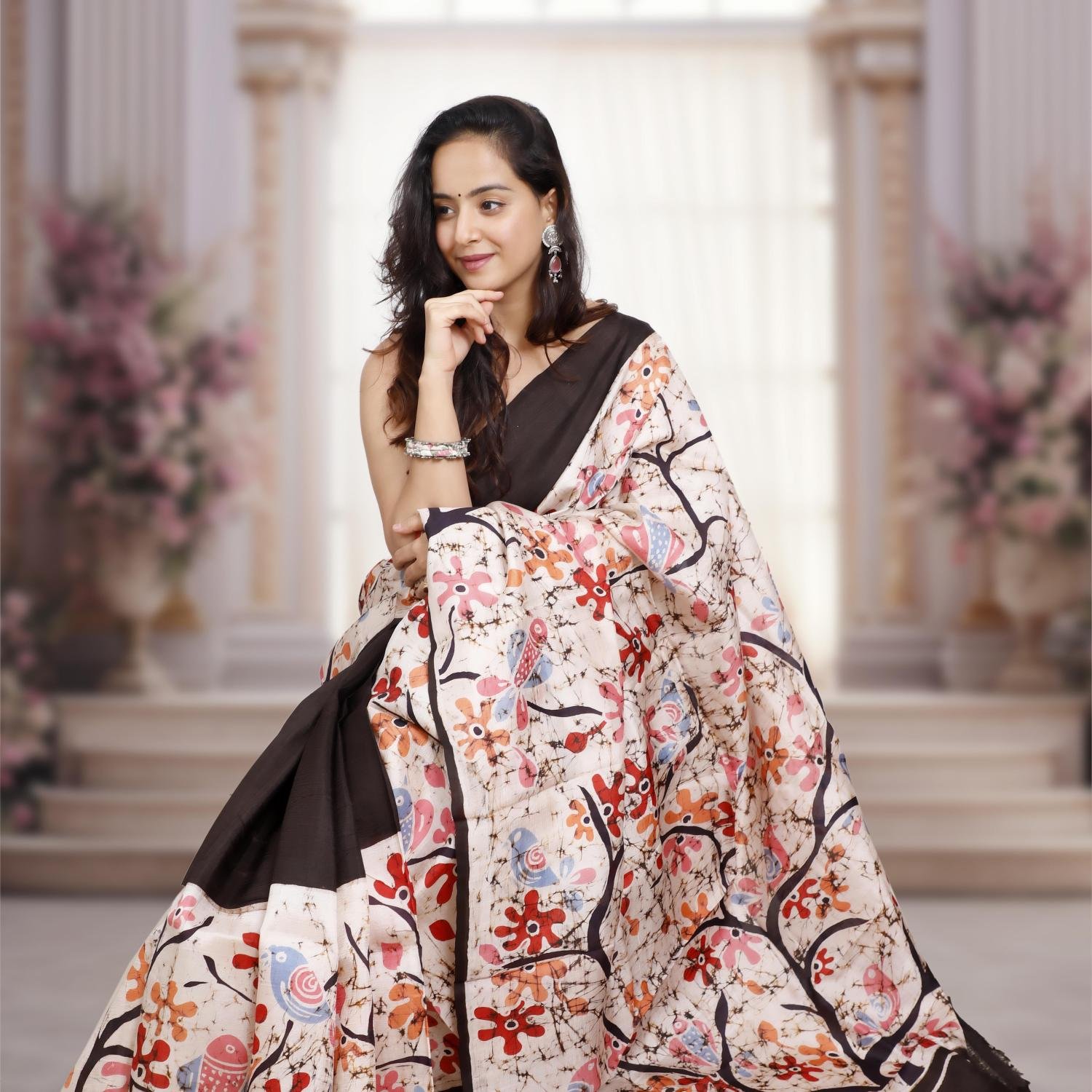 Murshidabad Pure Silk Saree with Hand-Painted Wax Batik – Off white & Black Base