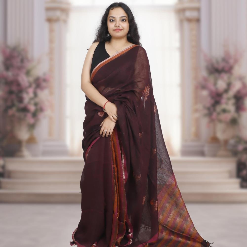 Pure Bengal Handwoven Linen Saree – Brown with Pink & Orange Stripes
