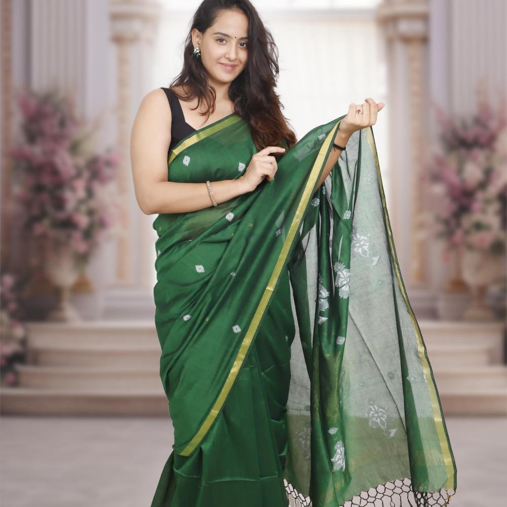 Handwoven Pure Mercerized Cotton Saree with Jacquard Pallu – Green