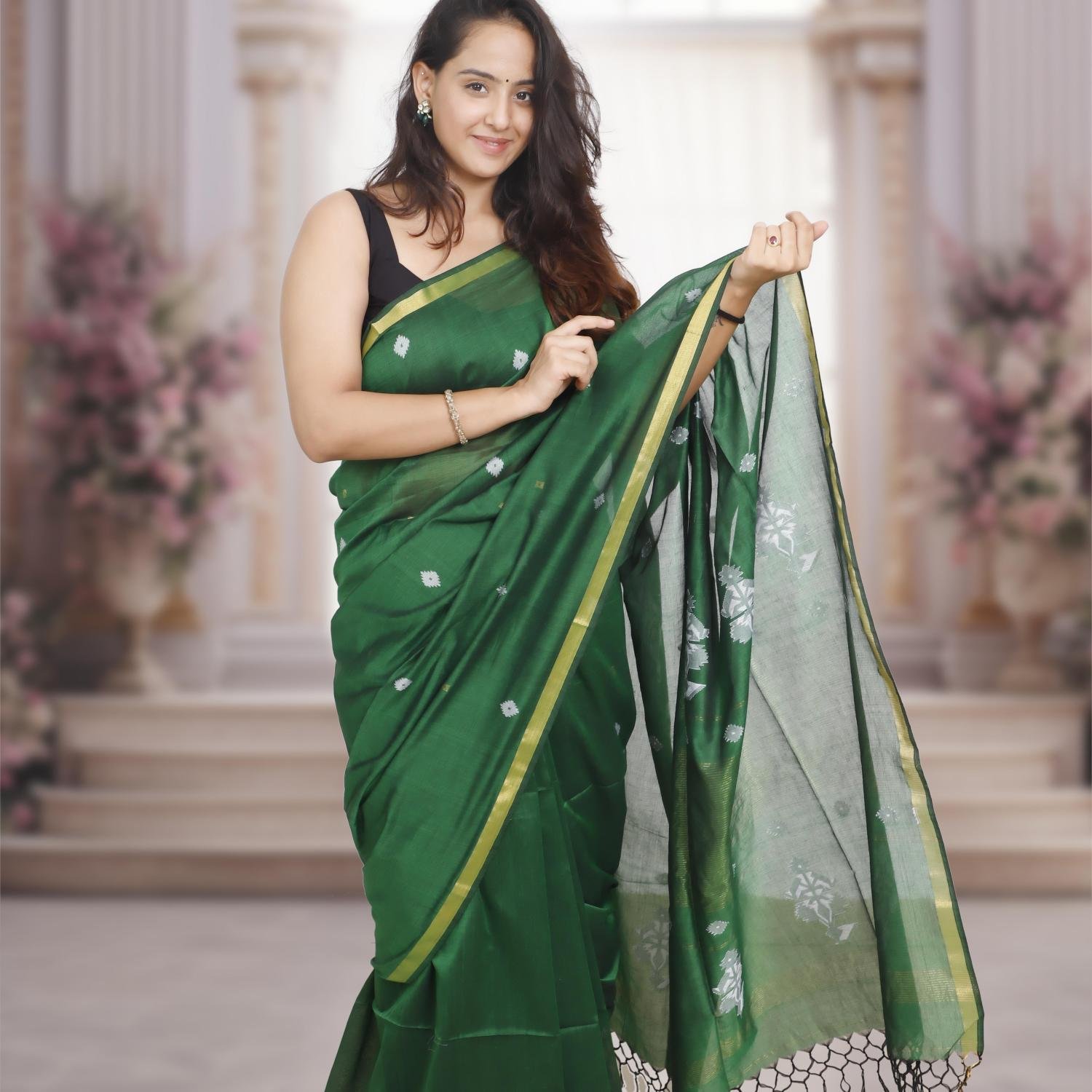Handwoven Pure Mercerized Cotton Saree with Jacquard Pallu – Green