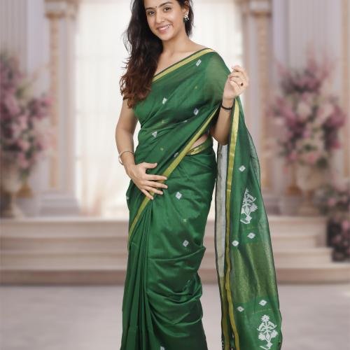 Handwoven Pure Mercerized Cotton Saree with Jacquard Pallu – Green