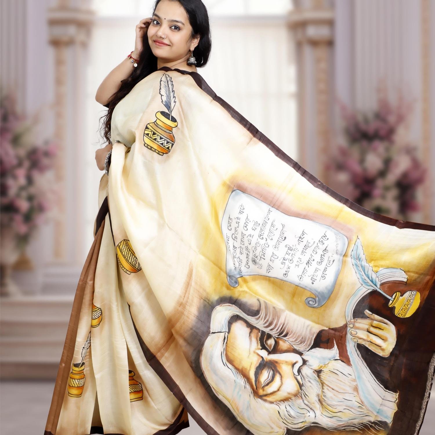 Pure Murshidabad Silk Handloom Saree with Hand-Painted Design – Off-white Base