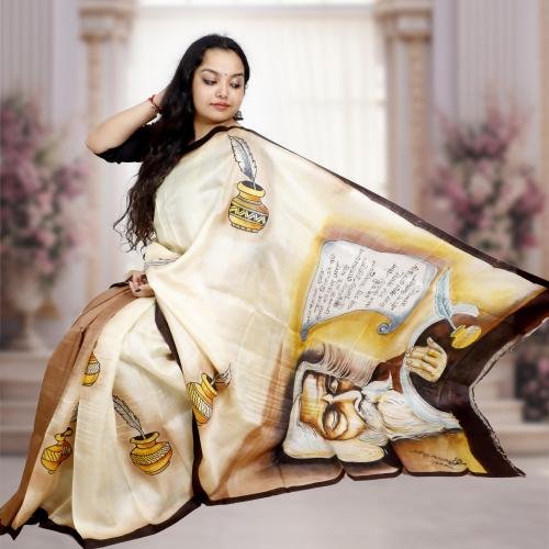 Pure Murshidabad Silk Handloom Saree with Hand-Painted Design – Off-white Base