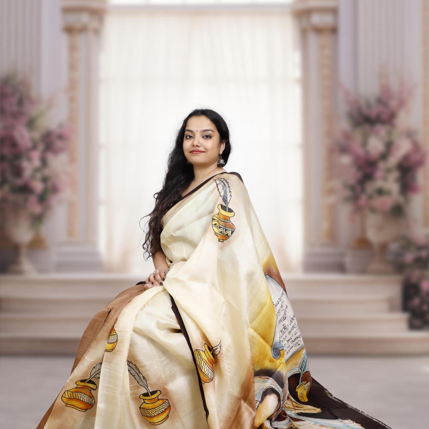 Pure Murshidabad Silk Handloom Saree with Hand-Painted Design – Off-white Base