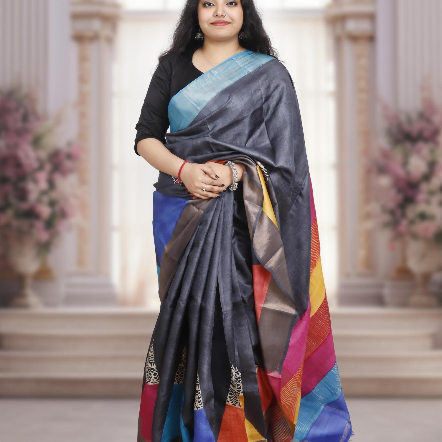 Bishnupuri Gachi Tusser Silk Saree with Hand-Block Design–Multicolour Pallu